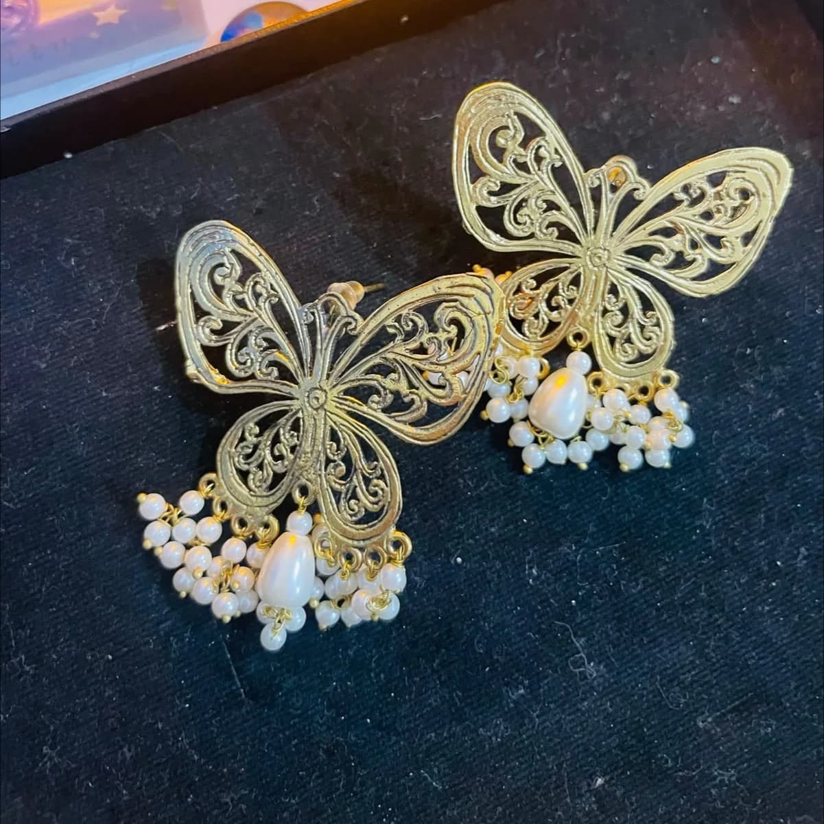 Gold Filigree Butterfly Pearl Studs
