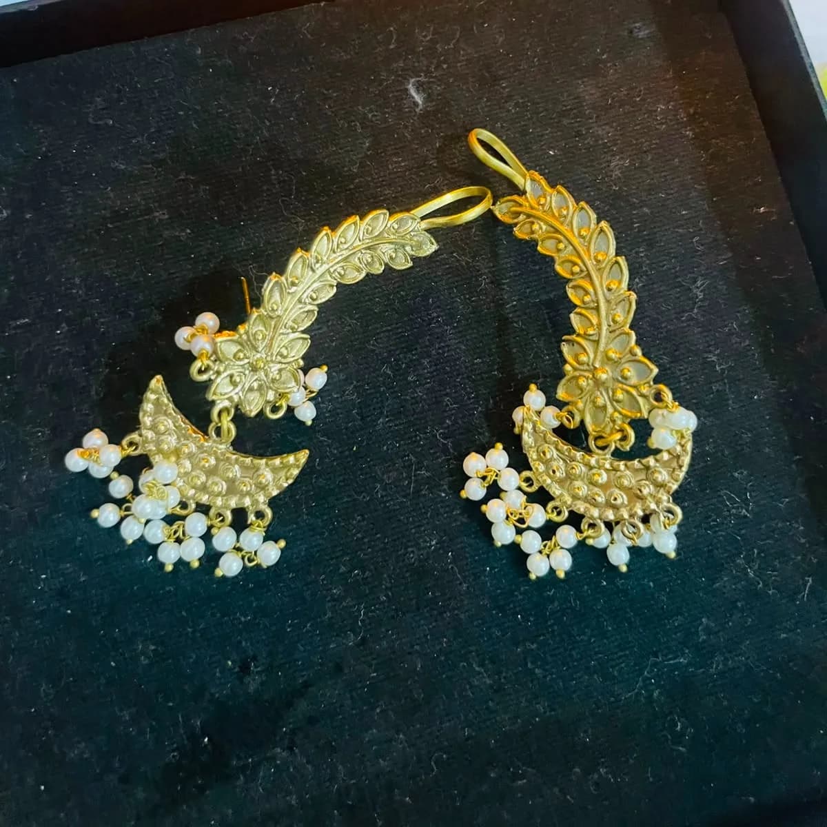 Antique Gold Leaf Crescent Pearl Earrings