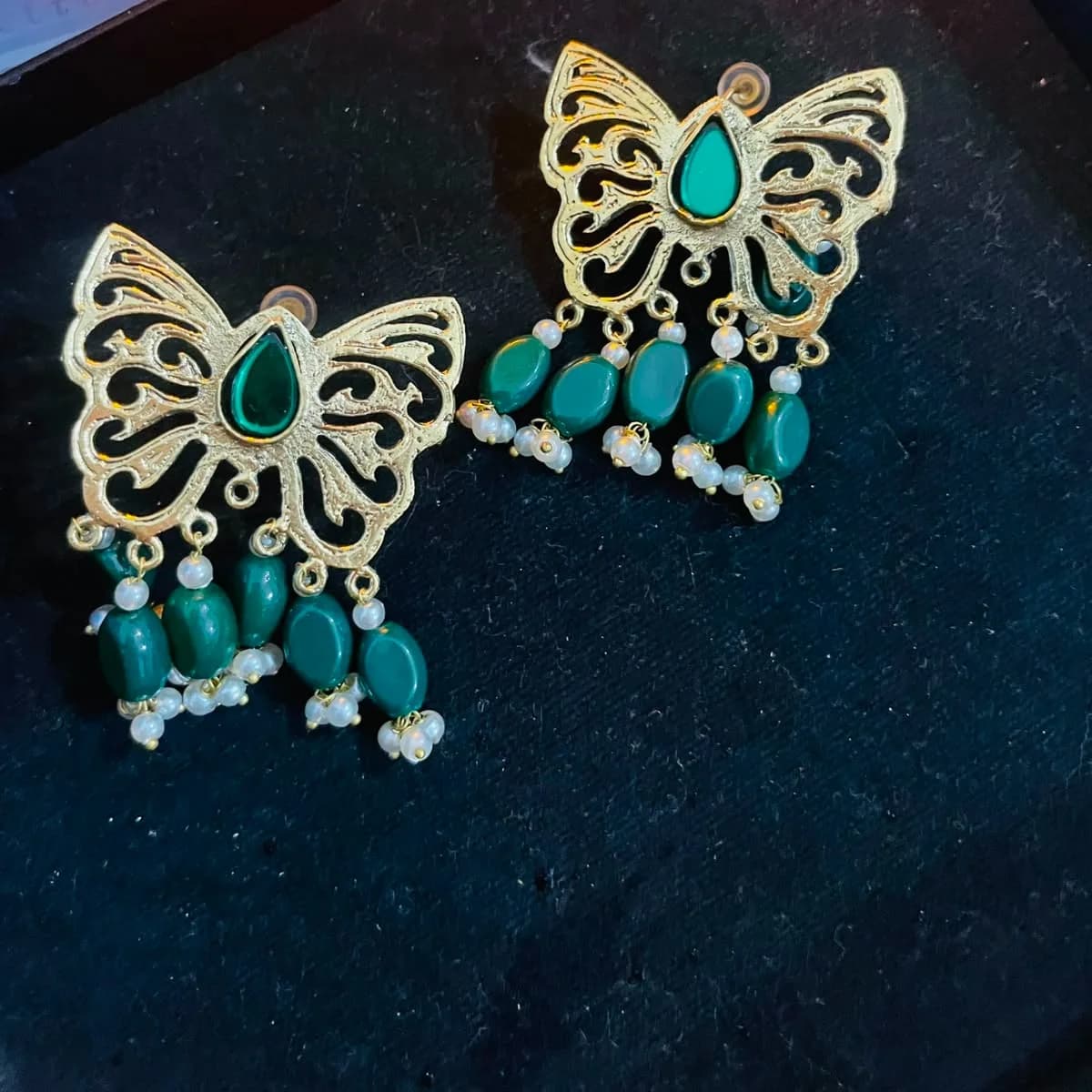 Gold Filigree Butterfly Emerald Drop Earrings
