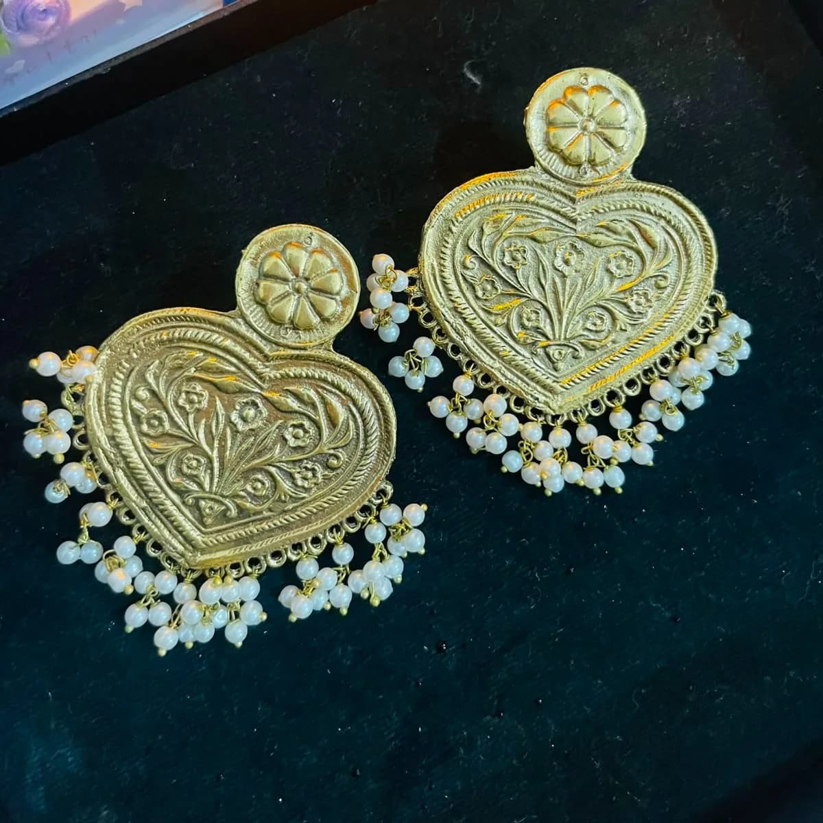 Antique Gold Heart Pearl Fringe Earrings