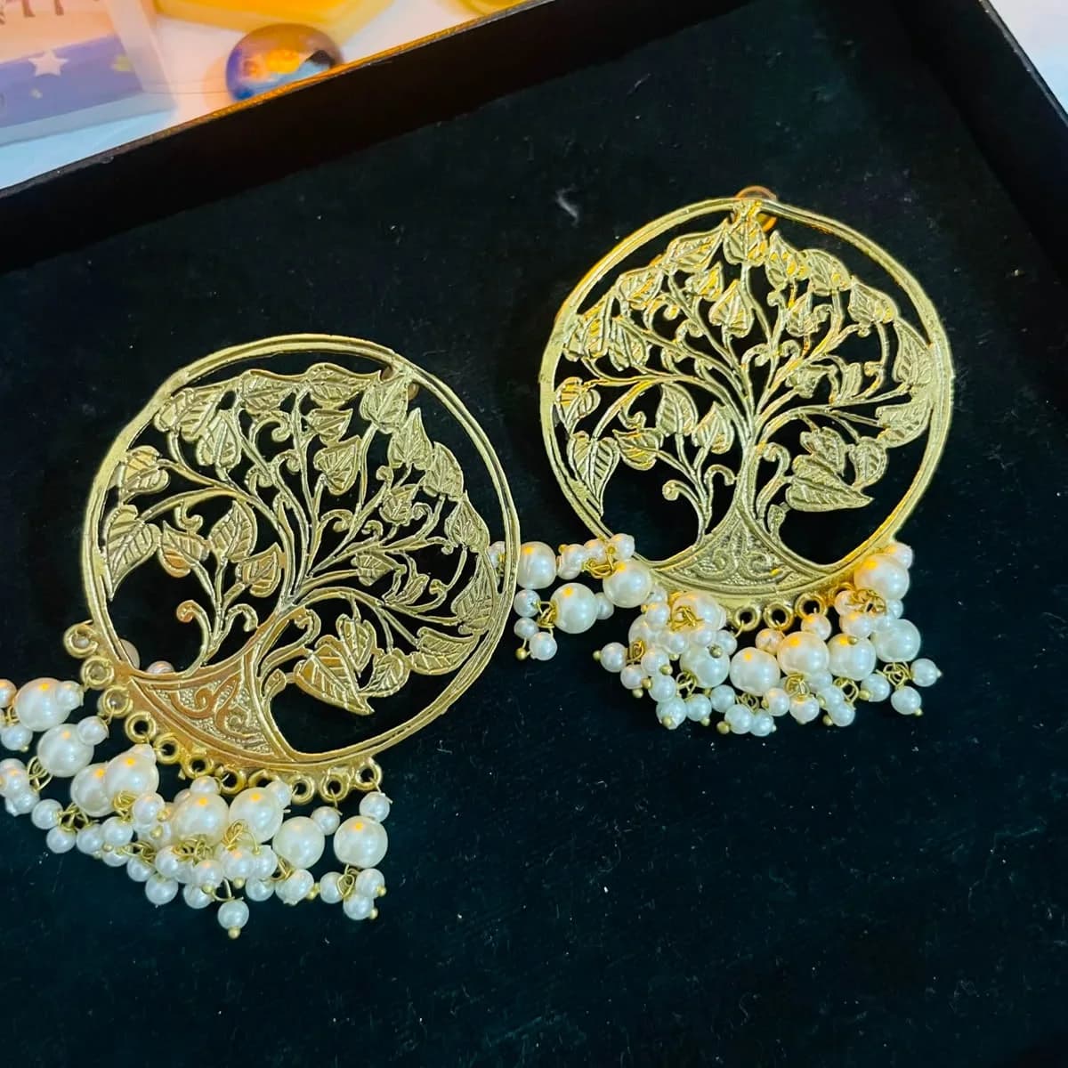 Gold Tree of Life Pearl Fringe Earrings
