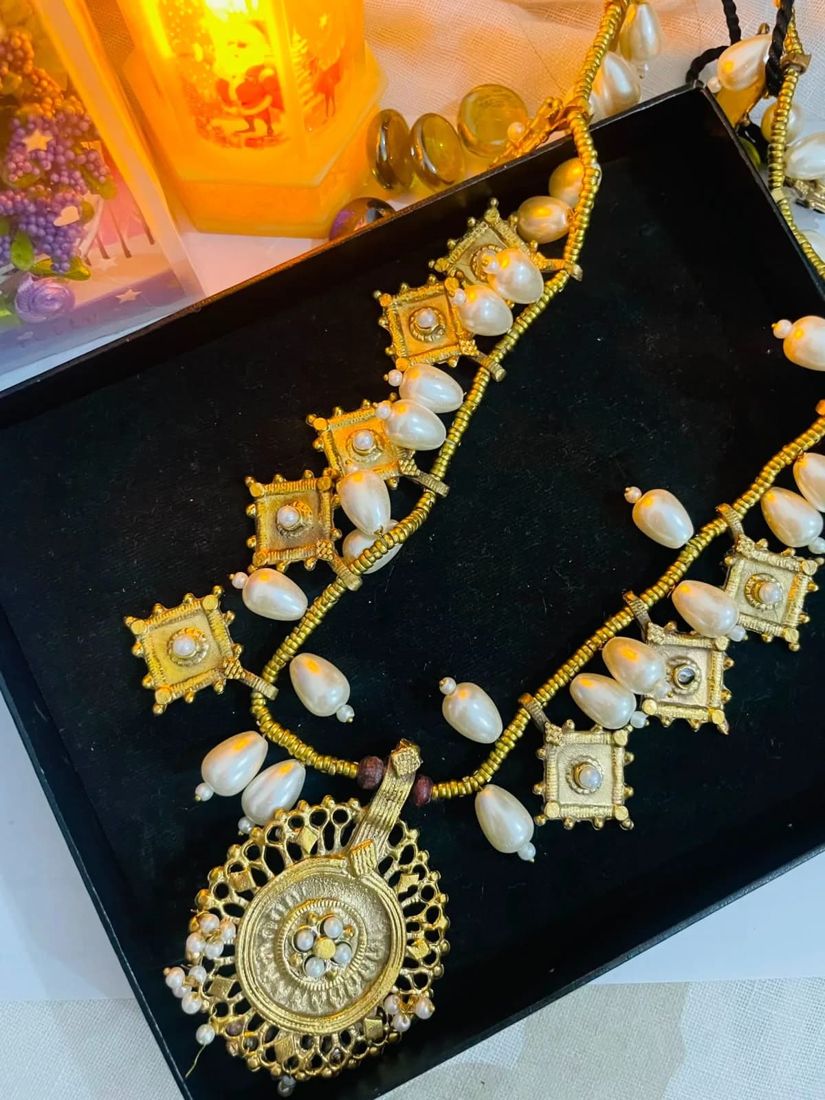 Antique Gold Pearl Drop Pendant Necklace