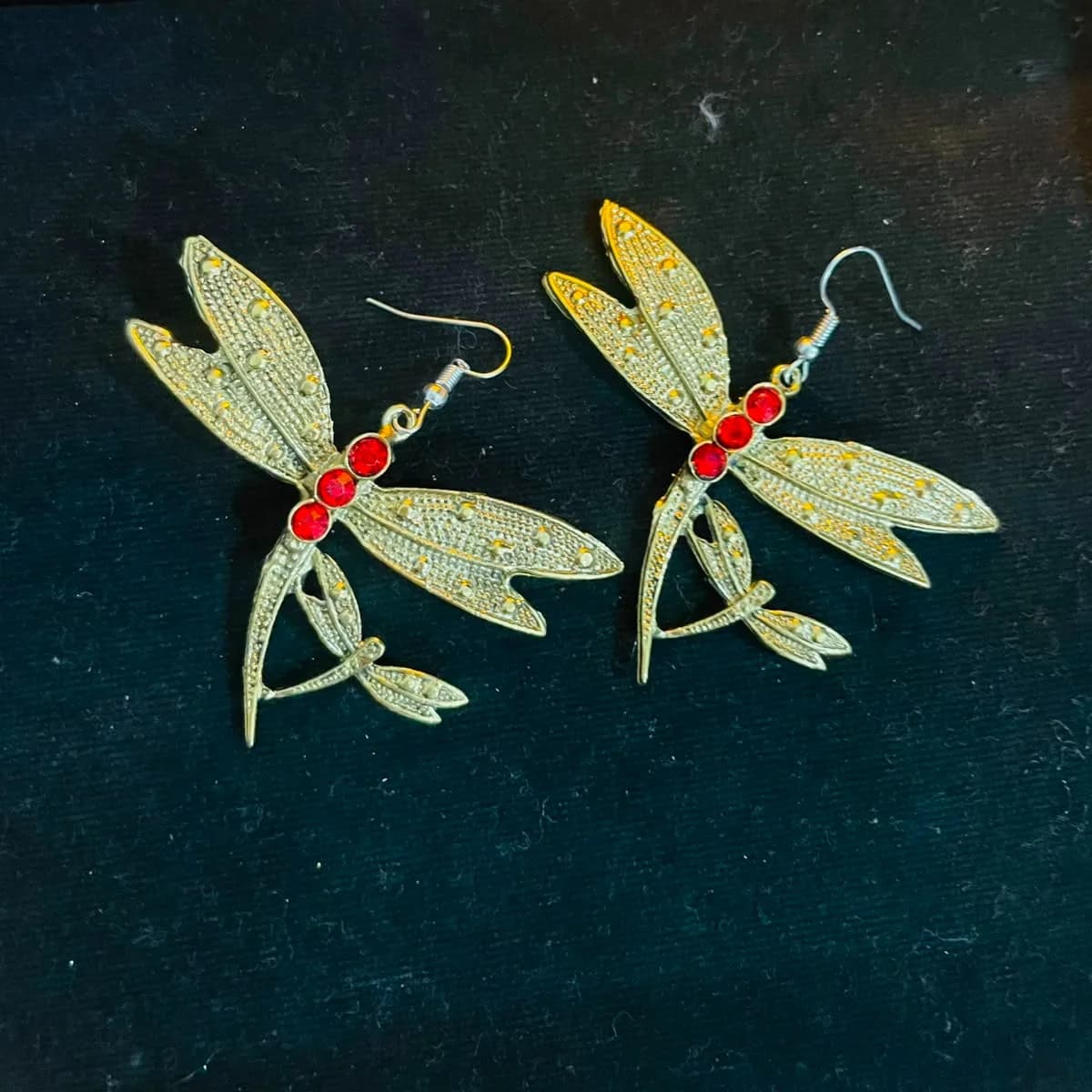 Gold Dragonfly Red Crystal Earrings